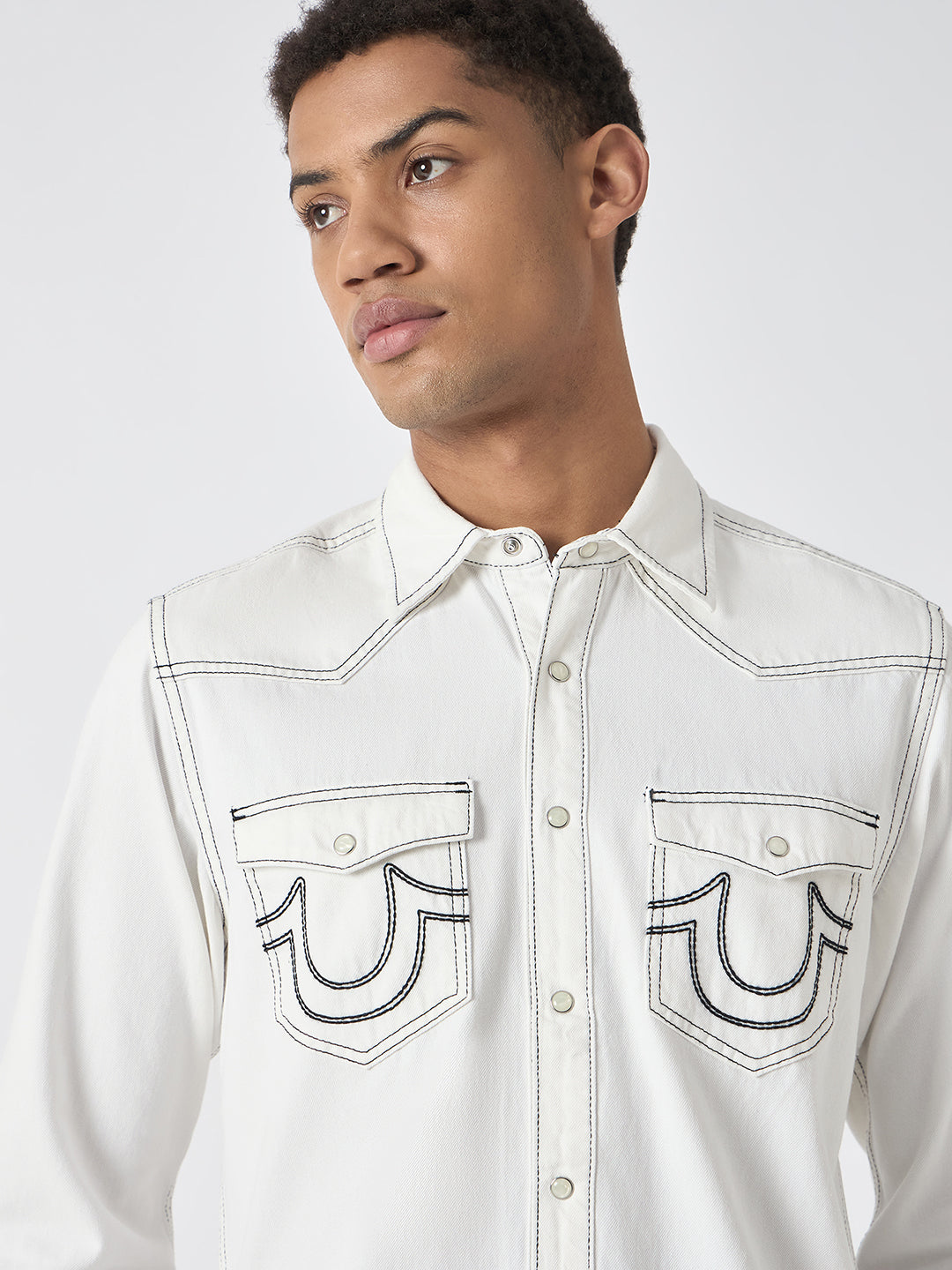 True Religion Men White Solid Spread Collar Full Sleeves Shirt