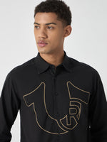 True Religion Men Black Printed Spread Collar Full Sleeves Shirt