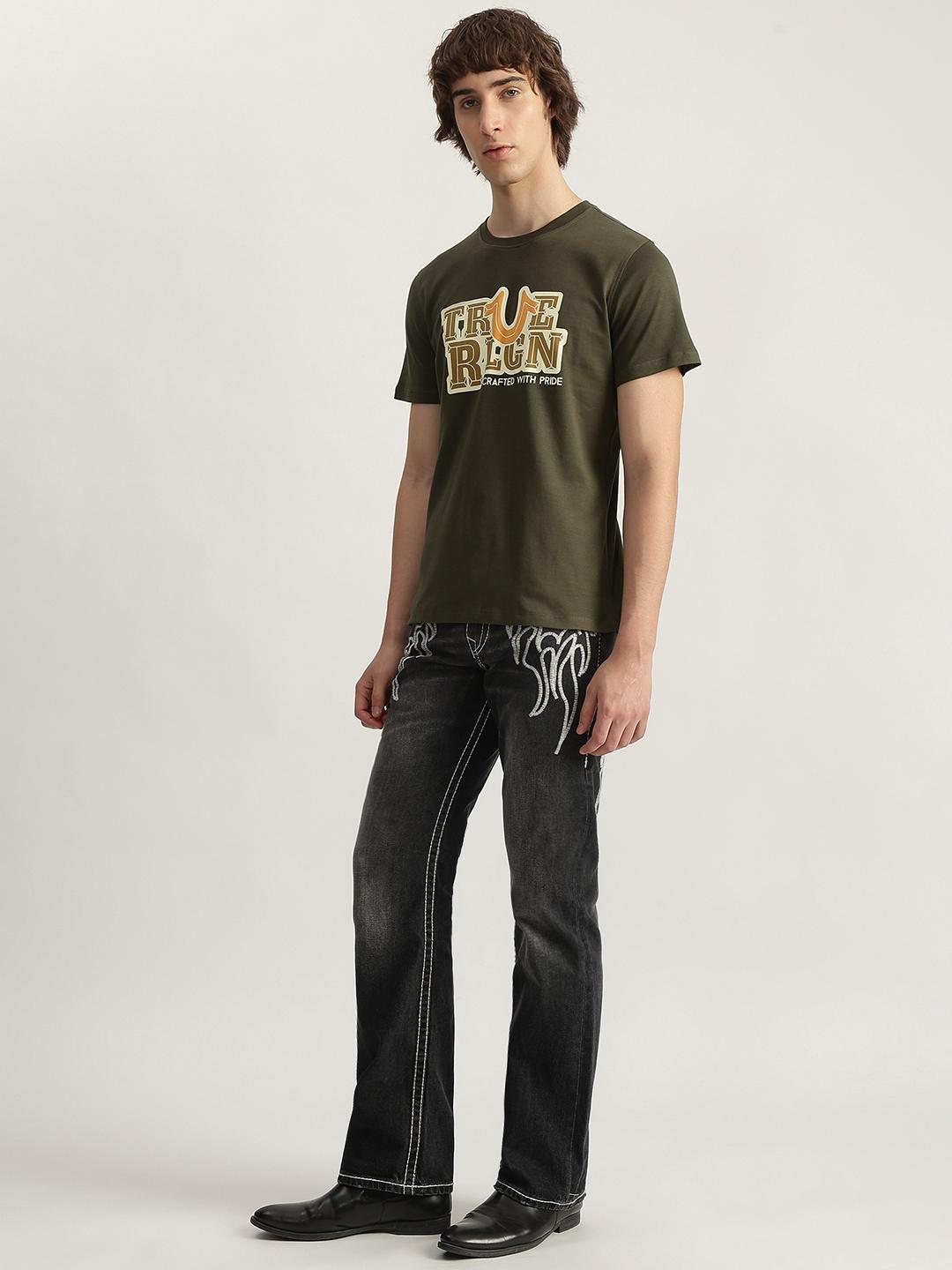 True Religion Men Olive Printed Round Neck Short Sleeves Tshirt