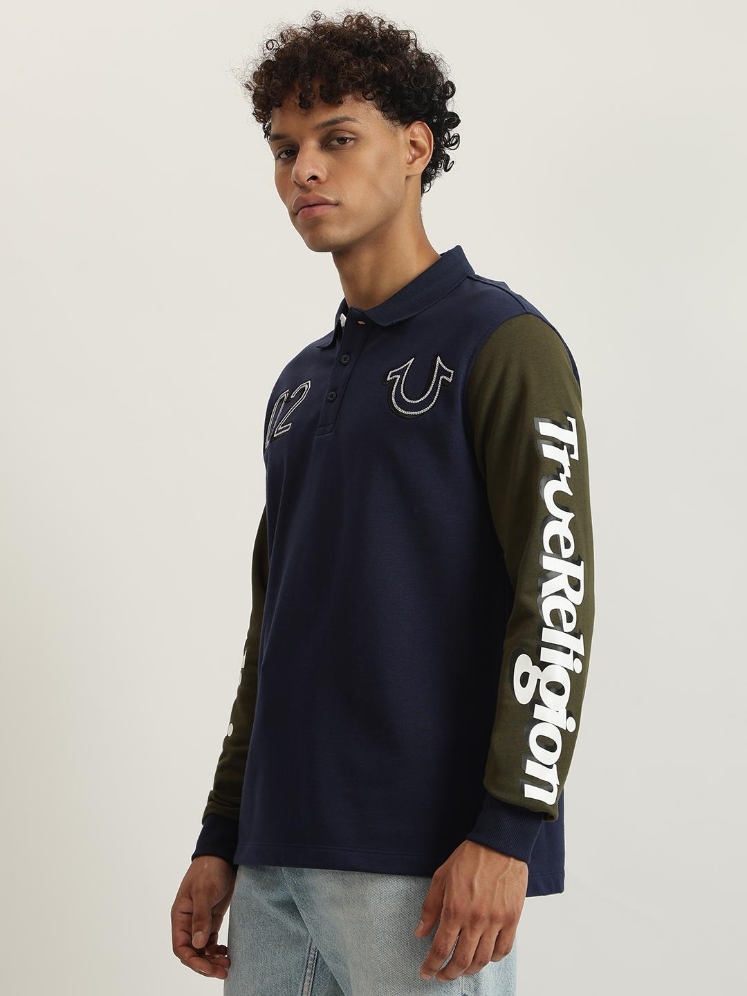 True Religion Men Color-Blocked Polo Collar Full Sleeves Tshirt