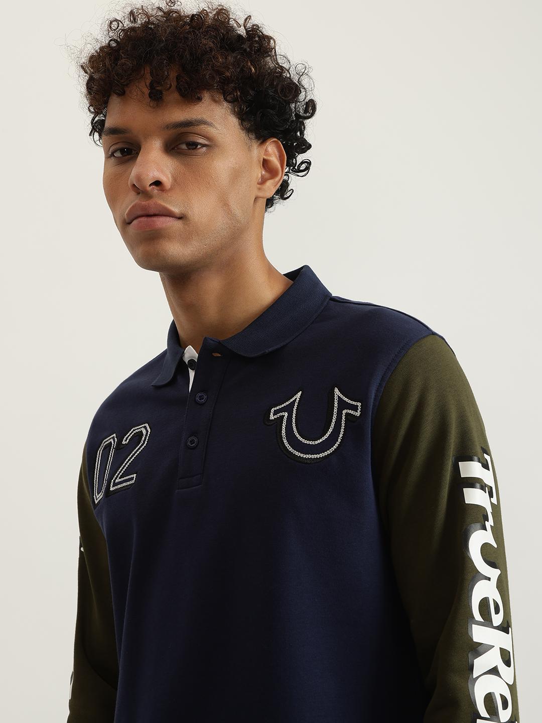 True Religion Men Color-Blocked Polo Collar Full Sleeves Tshirt