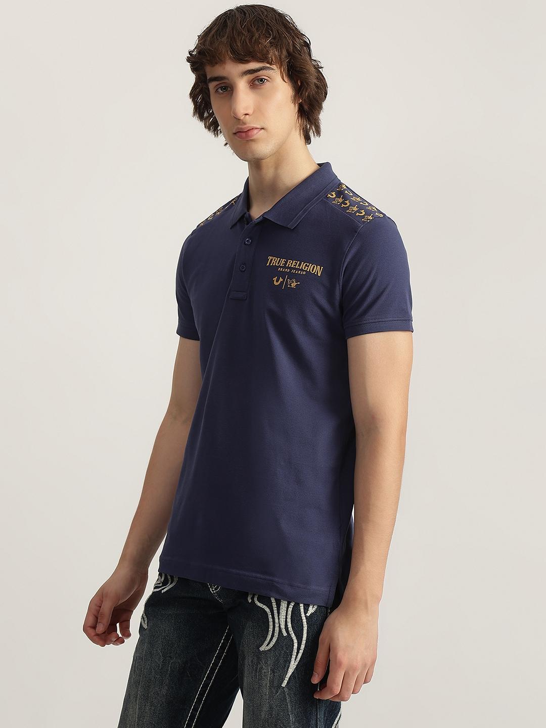 True Religion Men Blue Solid Polo Neck Short Sleeves Tshirt