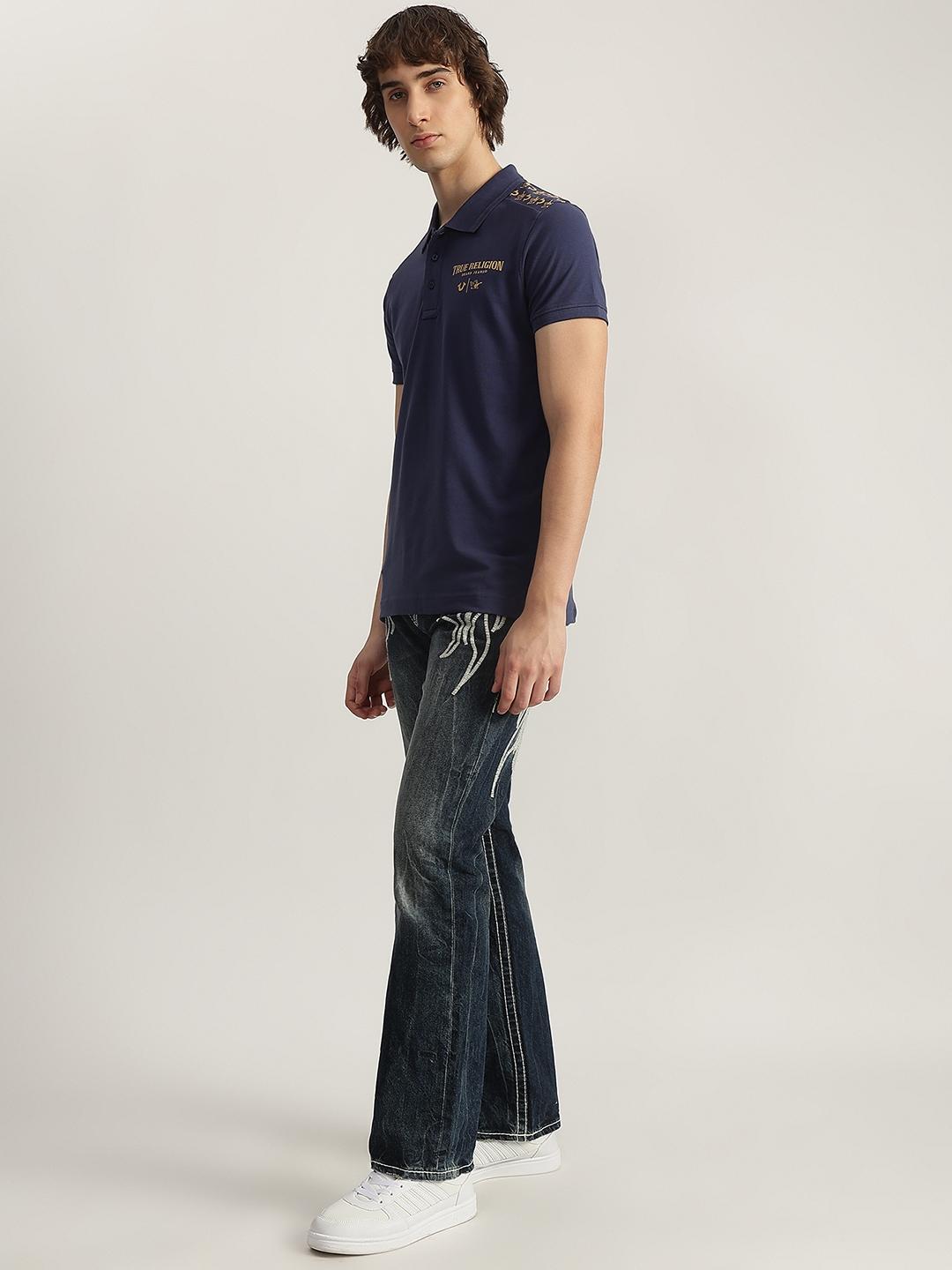 True Religion Men Blue Solid Polo Neck Short Sleeves Tshirt