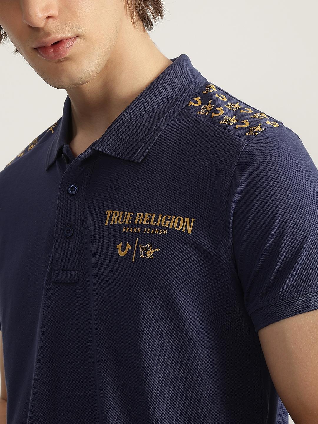 True Religion Men Blue Solid Polo Neck Short Sleeves Tshirt