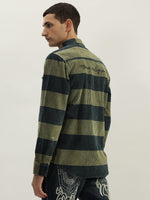 True Religion Men Green Striped Spread Collar Full Sleeves Shirt