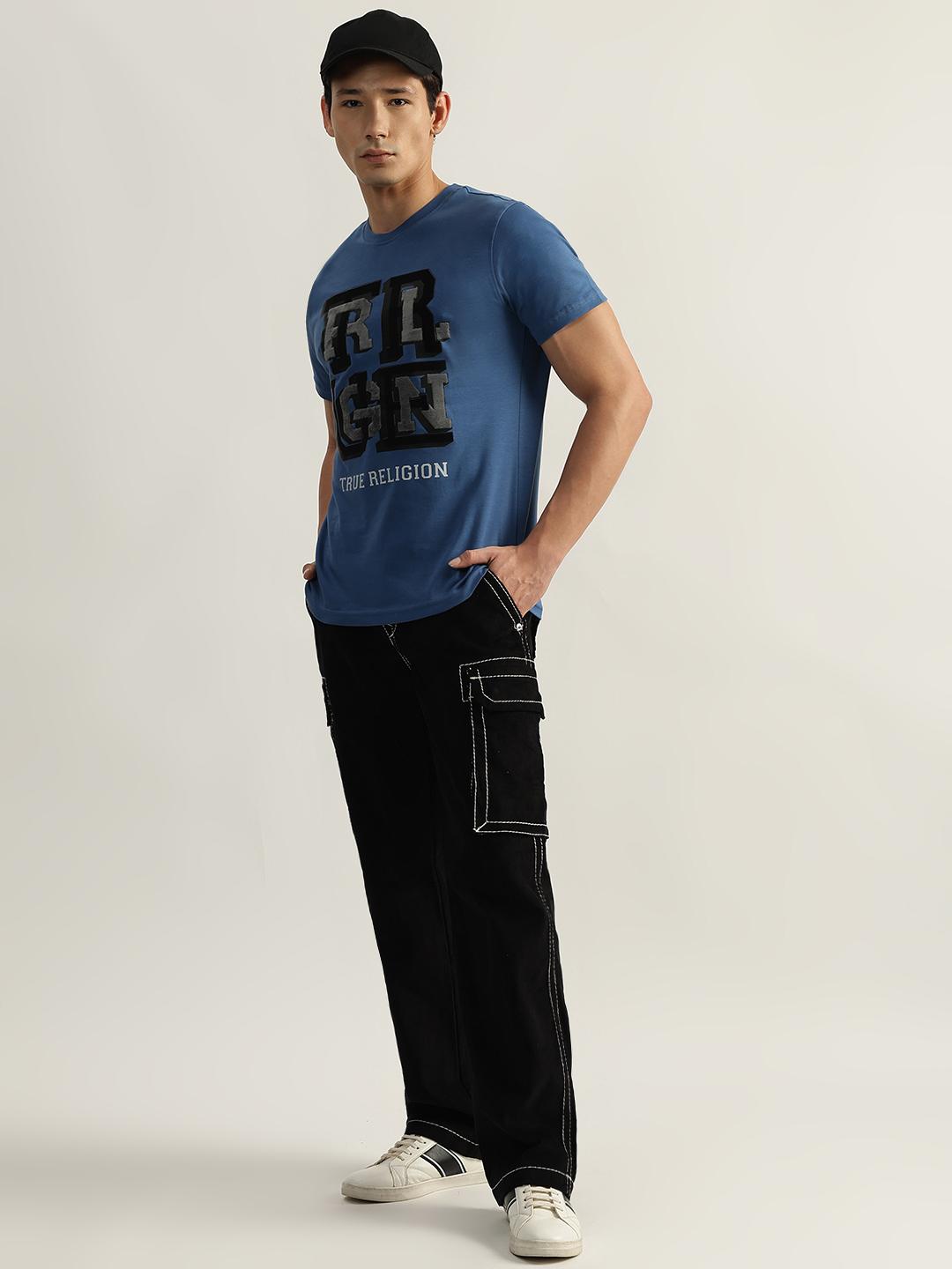 True Religion Men Blue Printed Round Neck Short Sleeves Tshirt