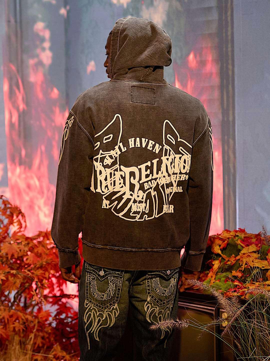 True Religion Men Black Printed Hooded Full Sleeves Zipped Sweatshirt