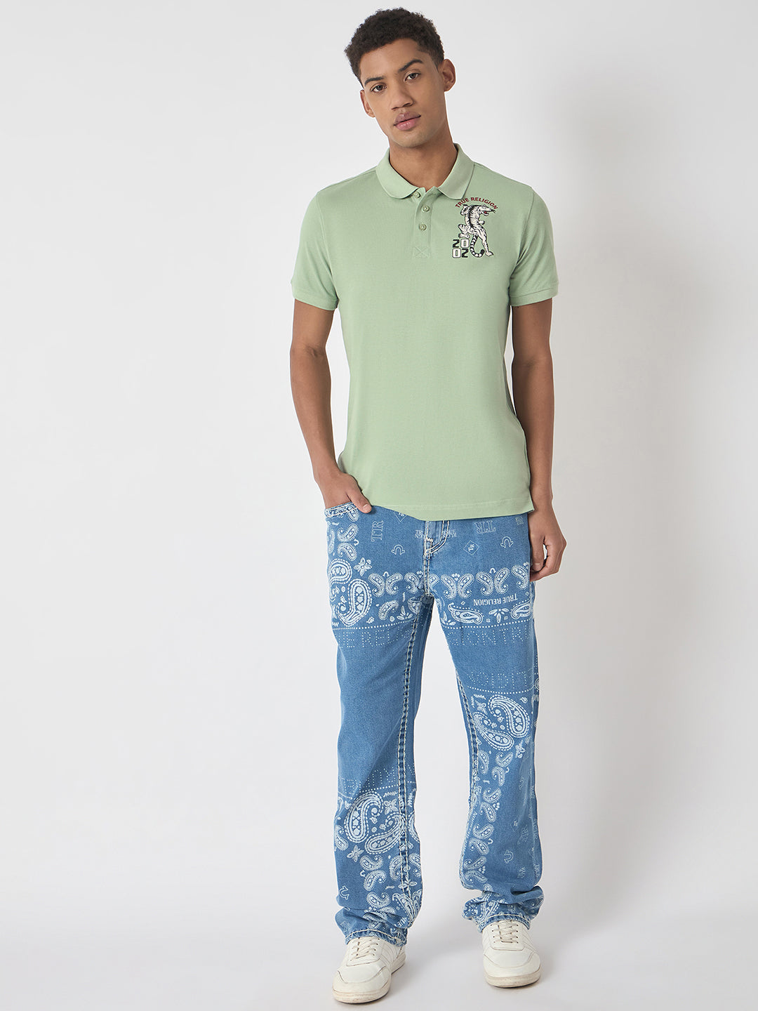 True Religion Men Green Solid Polo Collar Short Sleeves Polo Tshirt