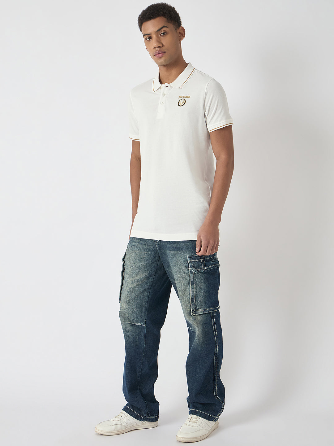True Religion Men White Solid Polo Collar Short Sleeves Polo Tshirt