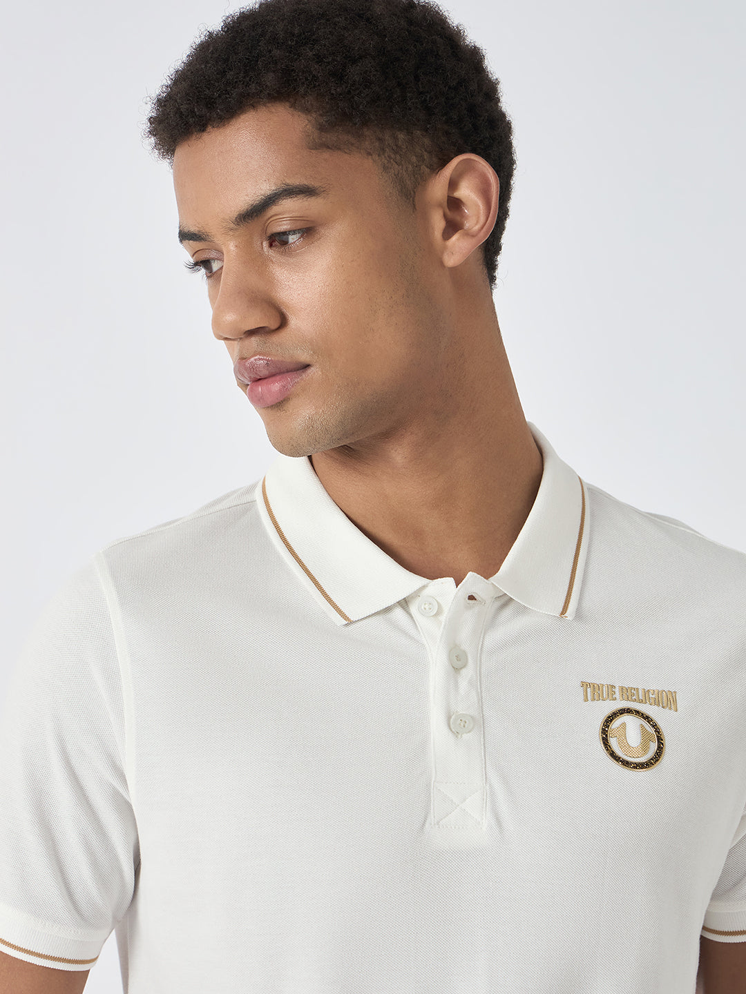 True Religion Men White Solid Polo Collar Short Sleeves Polo Tshirt