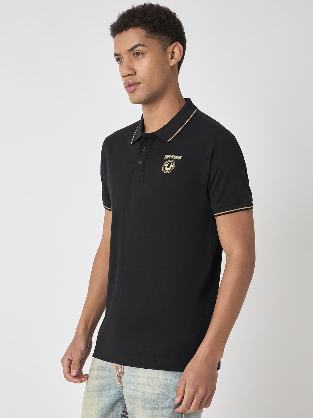 True Religion Men Black Solid Polo Collar Short Sleeves Polo Tshirt