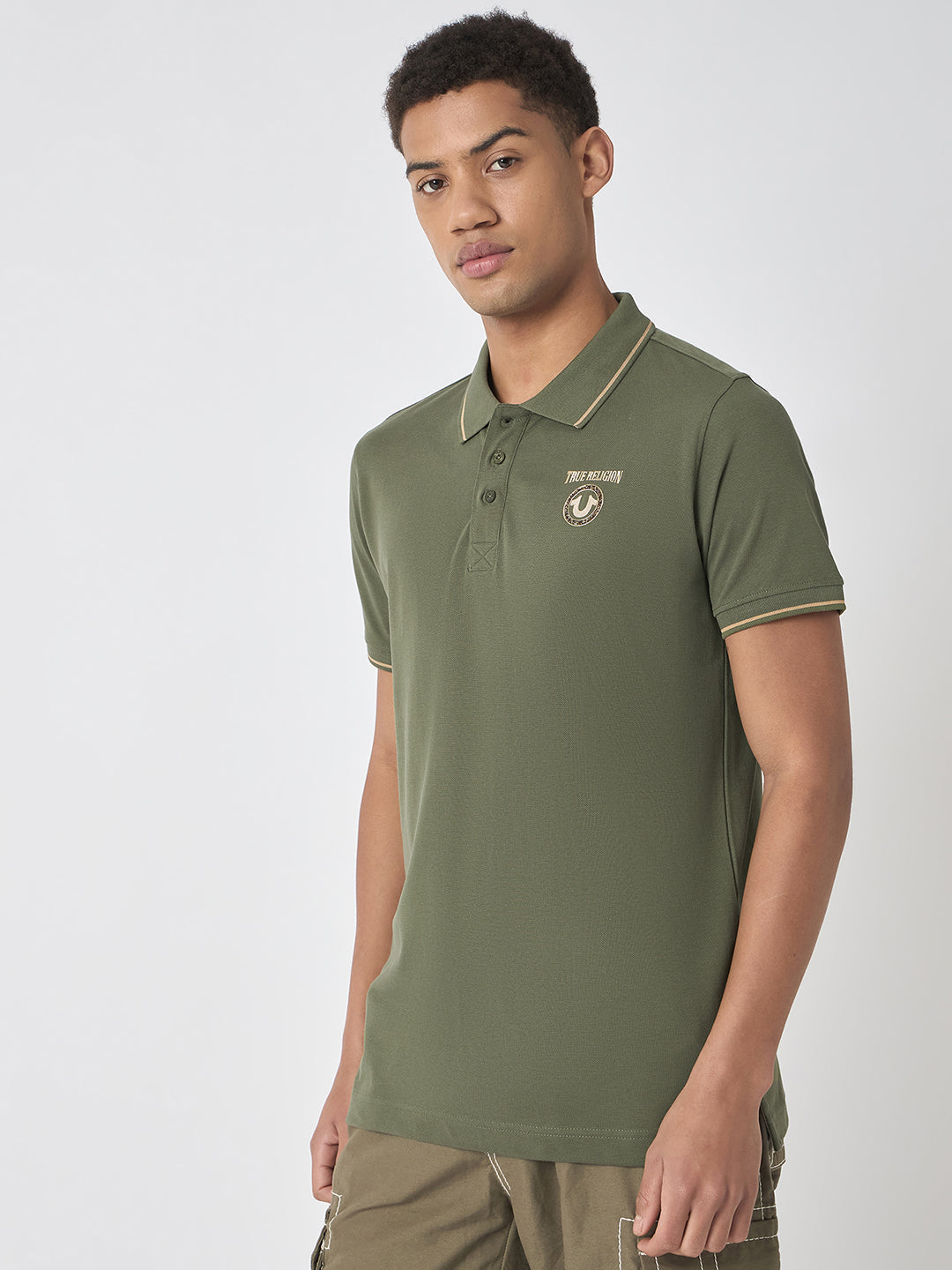True Religion Men Green Solid Polo Collar Short Sleeves Polo Tshirt