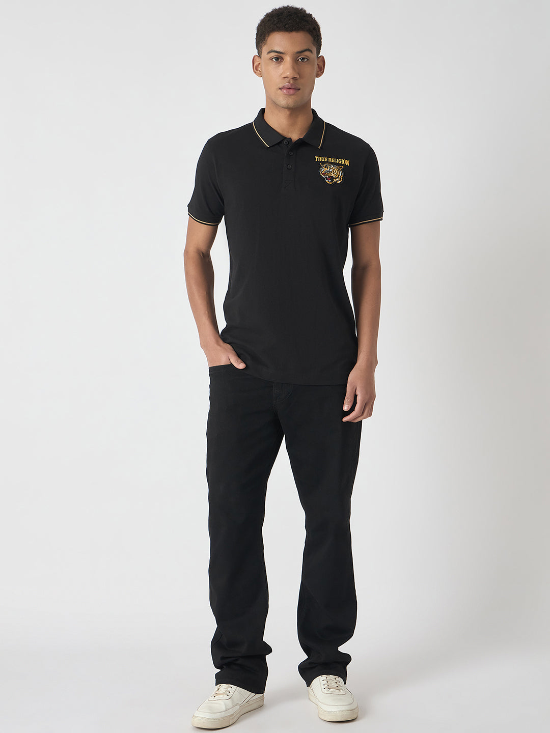 True Religion Men Black Solid Polo Collar Short Sleeves Polo Tshirt