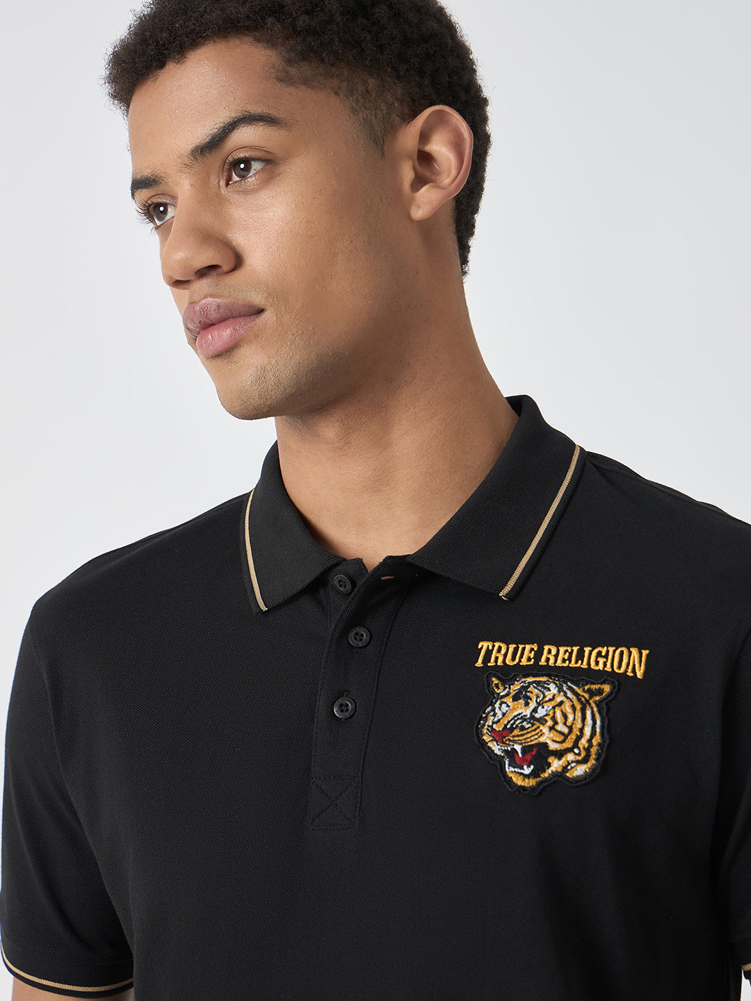 True Religion Men Black Solid Polo Collar Short Sleeves Polo Tshirt