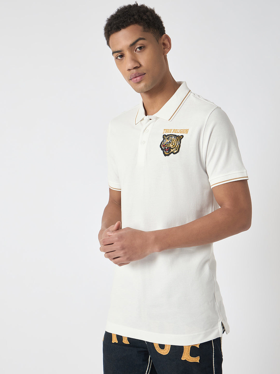 True Religion Men White Solid Polo Collar Short Sleeves Polo Tshirt