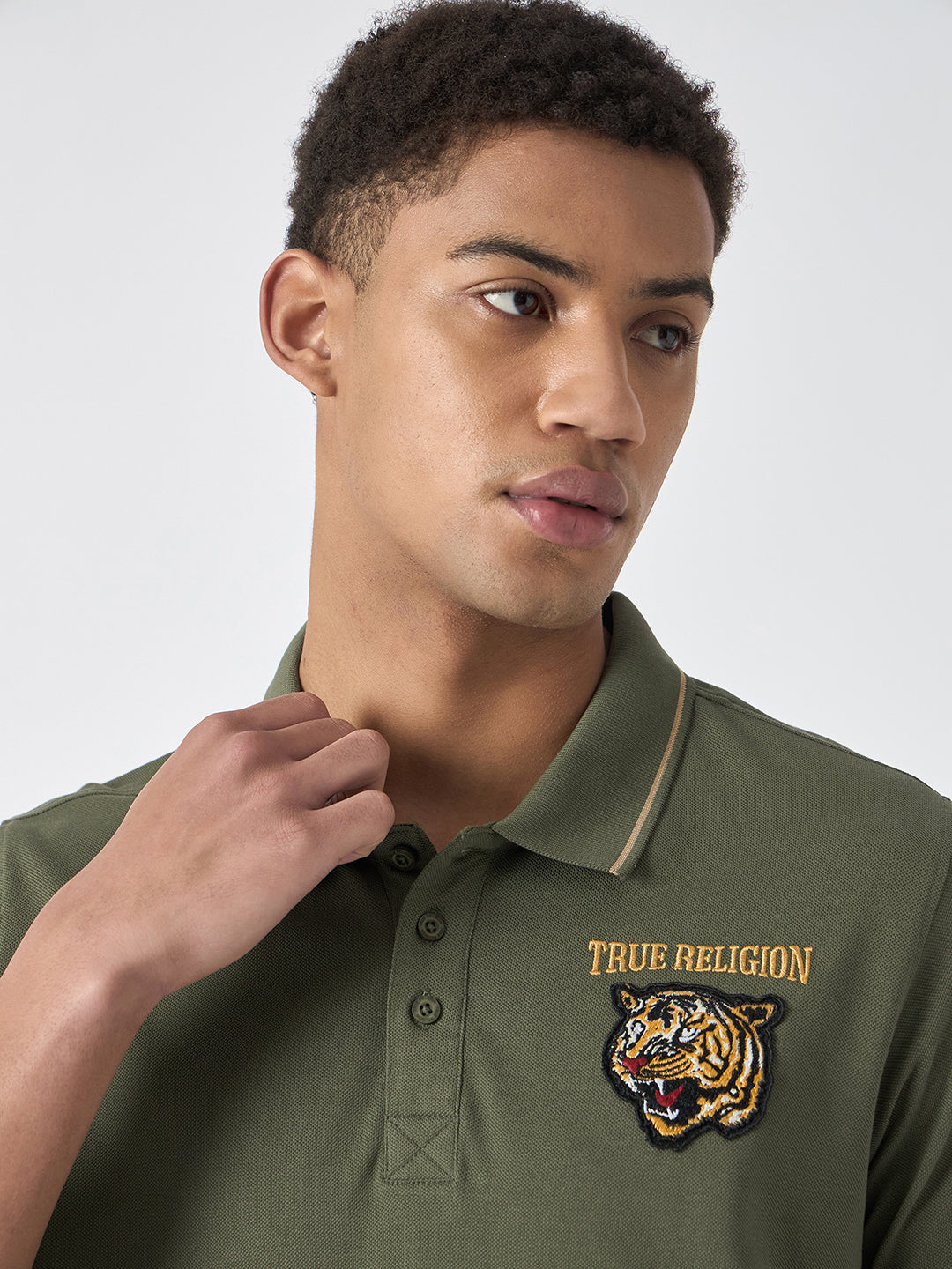 True Religion Men Green Solid Polo Collar Short Sleeves Polo Tshirt