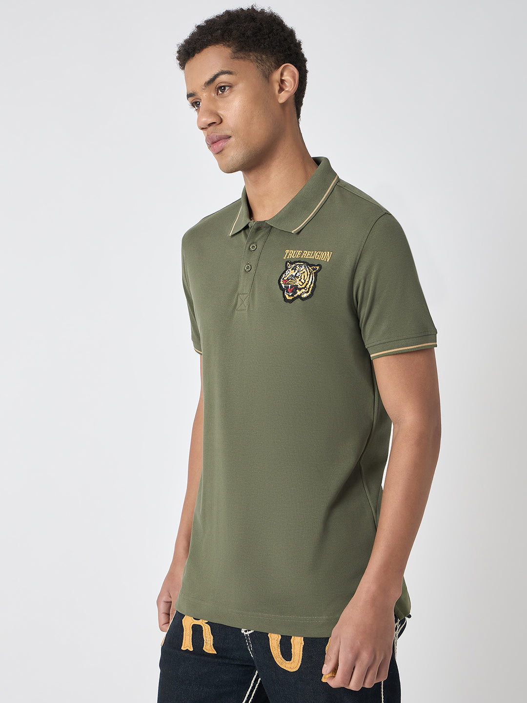 True Religion Men Green Solid Polo Collar Short Sleeves Polo Tshirt