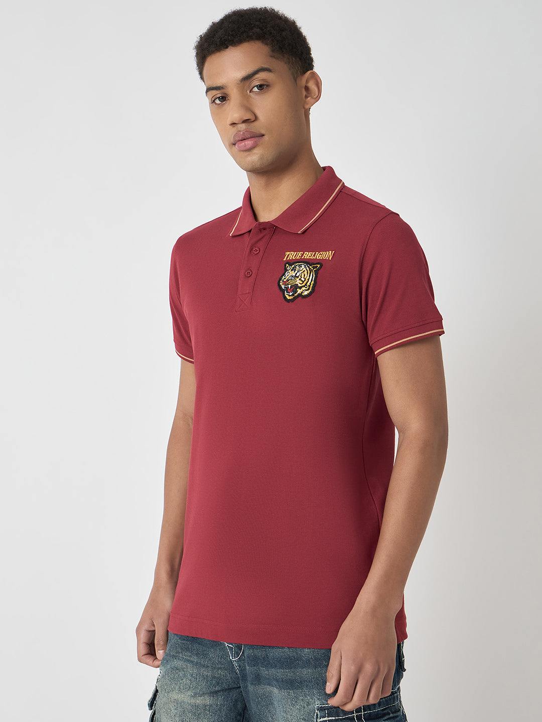 True Religion Men Red Solid Polo Collar Short Sleeves Polo Tshirt