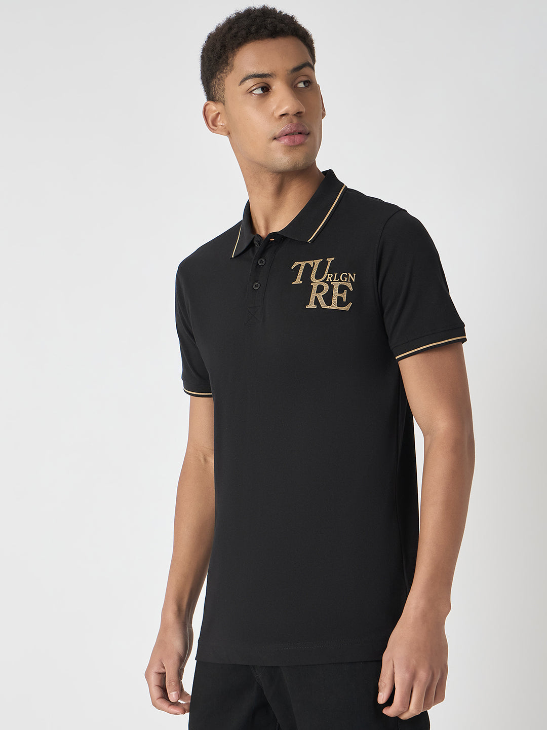 True Religion Men Black Solid Polo Collar Short Sleeves Polo Tshirt
