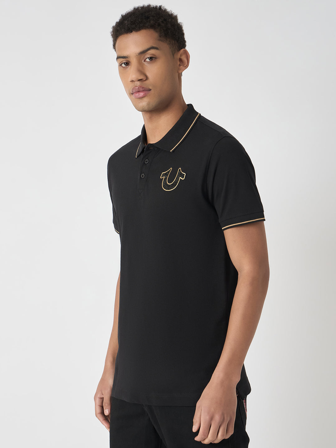 True Religion Men Black Solid Polo Collar Short Sleeves Polo Tshirt