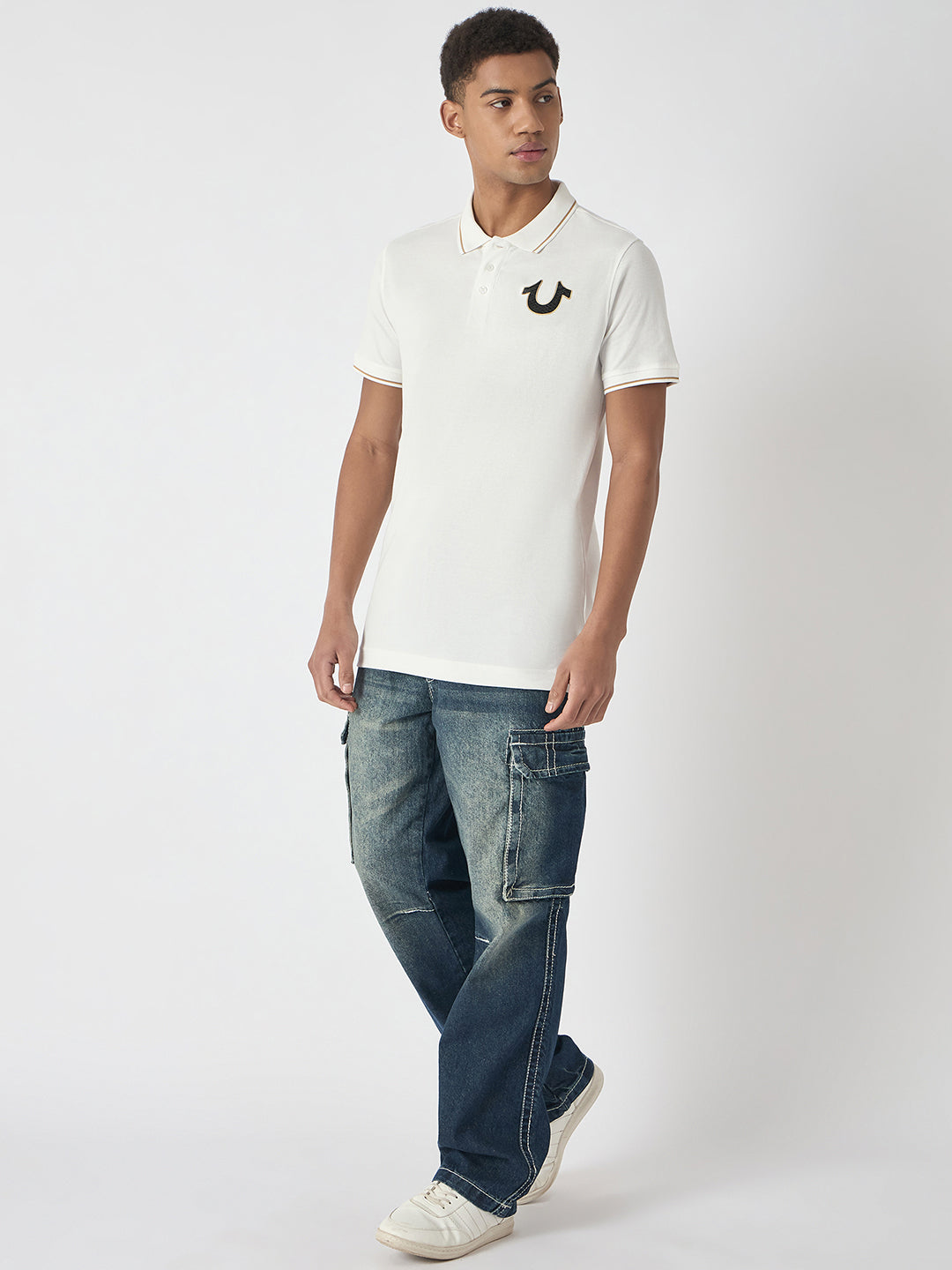 True Religion Men White Solid Polo Collar Short Sleeves Polo Tshirt