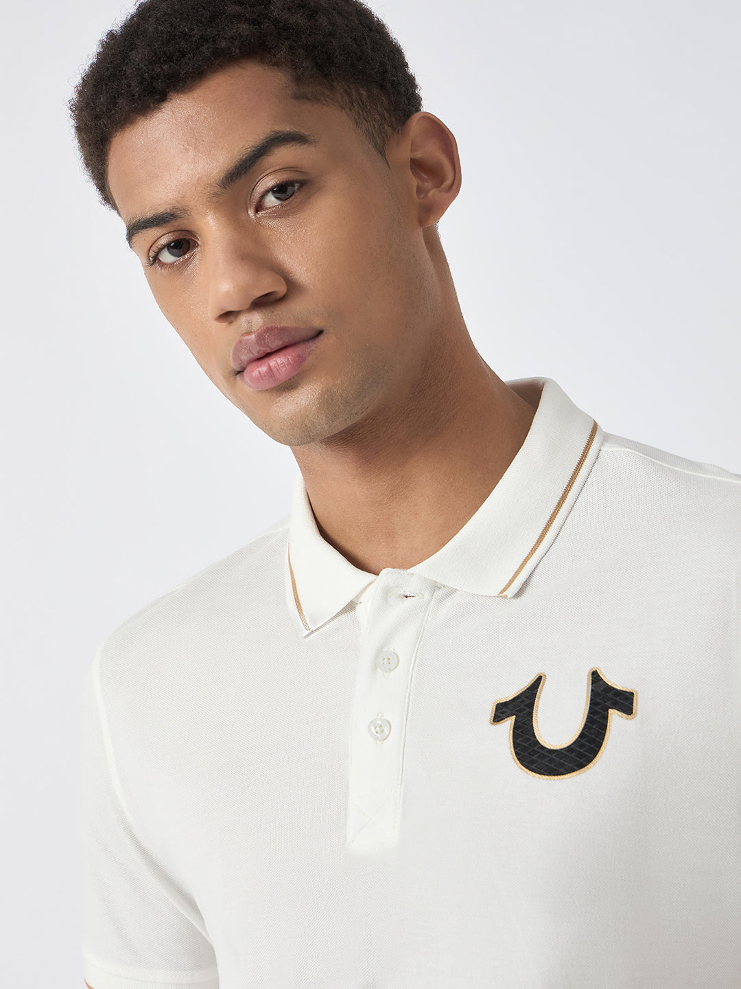 True Religion Men White Solid Polo Collar Short Sleeves Polo Tshirt