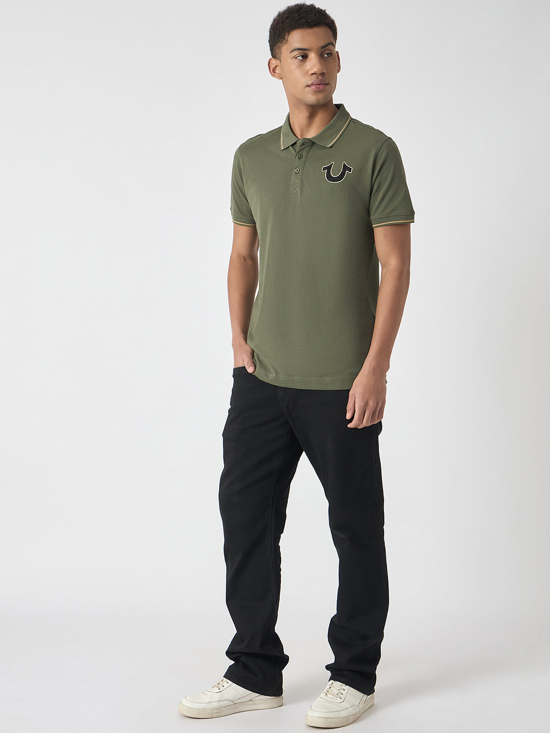 True Religion Men Green Solid Polo Collar Short Sleeves Polo Tshirt