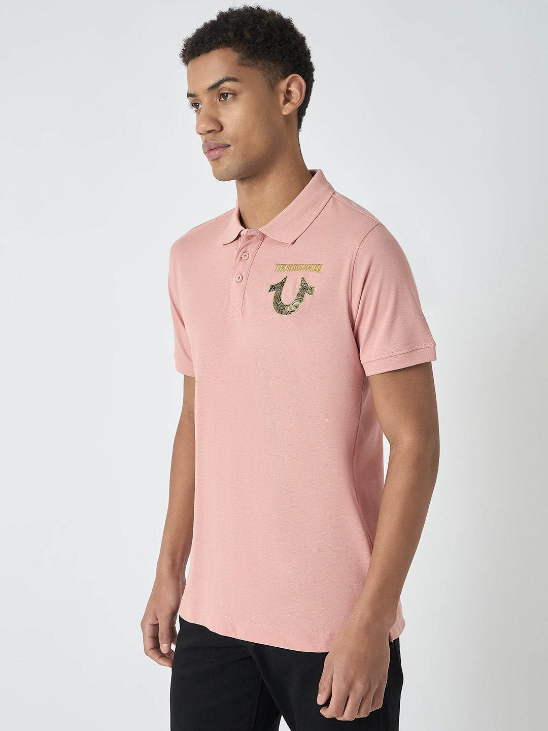 True Religion Men Pink Solid Polo Collar Short Sleeves Polo Tshirt
