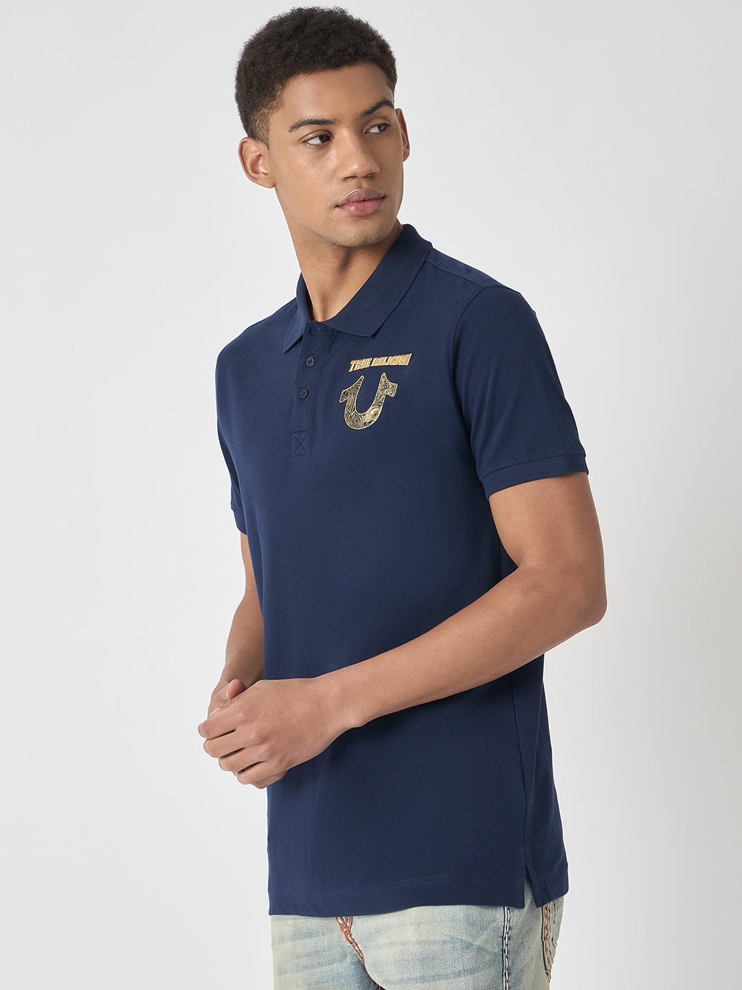 True Religion Men Blue Solid Polo Collar Short Sleeves Polo Tshirt