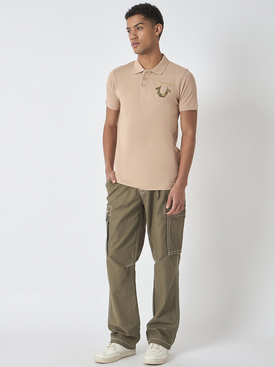 True Religion Men Beige Solid Polo Collar Short Sleeves Polo Tshirt