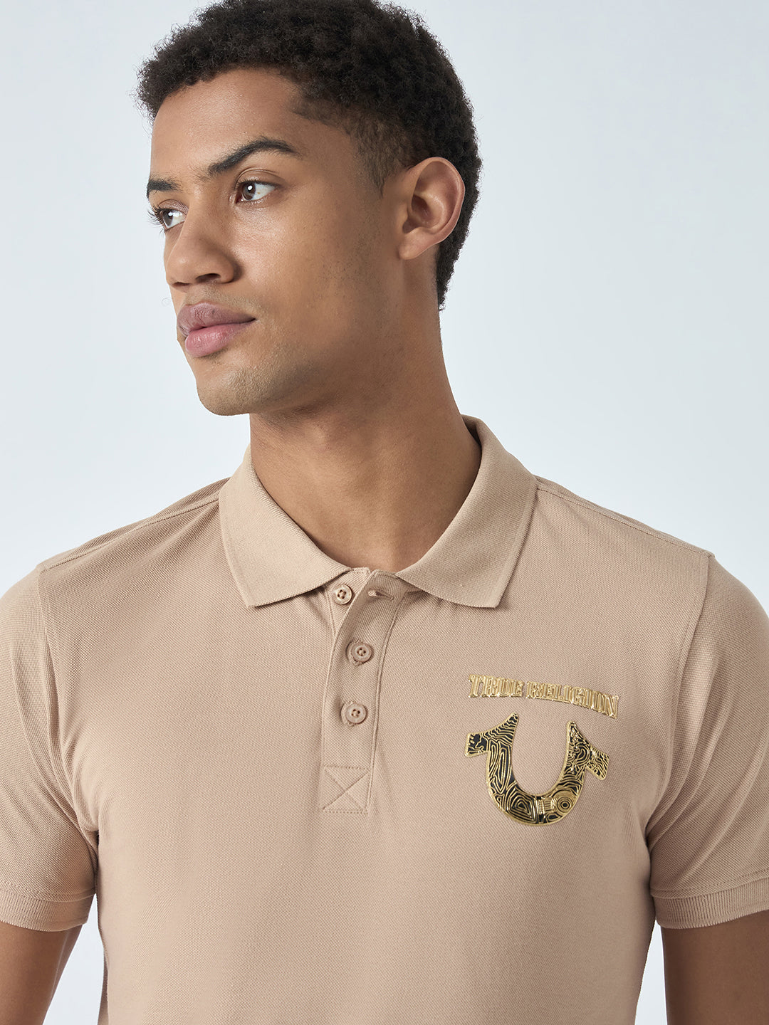 True Religion Men Beige Solid Polo Collar Short Sleeves Polo Tshirt