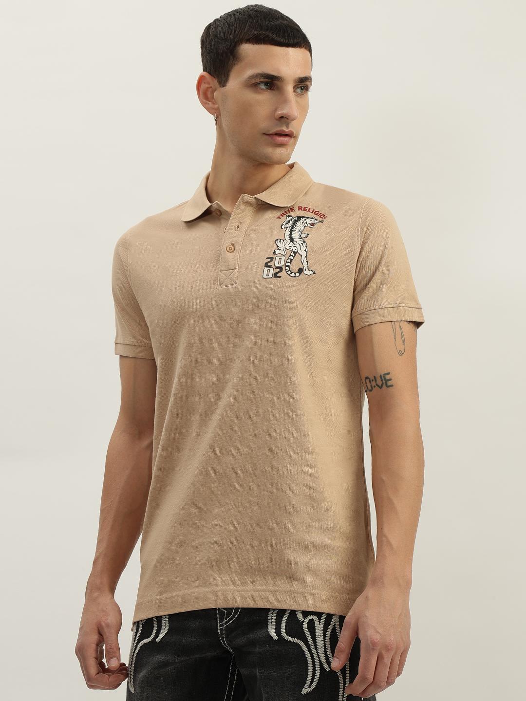 True Religion Men Beige Solid Polo Collar Short Sleeves Polo Tshirt