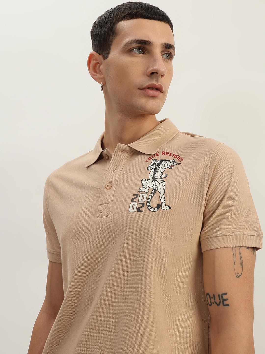 True Religion Men Beige Solid Polo Collar Short Sleeves Polo Tshirt