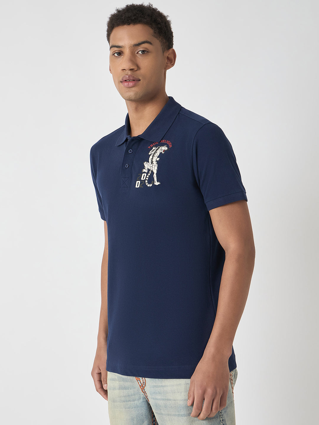 True Religion Men Navy Blue Solid Polo Collar Short Sleeves Polo Tshirt
