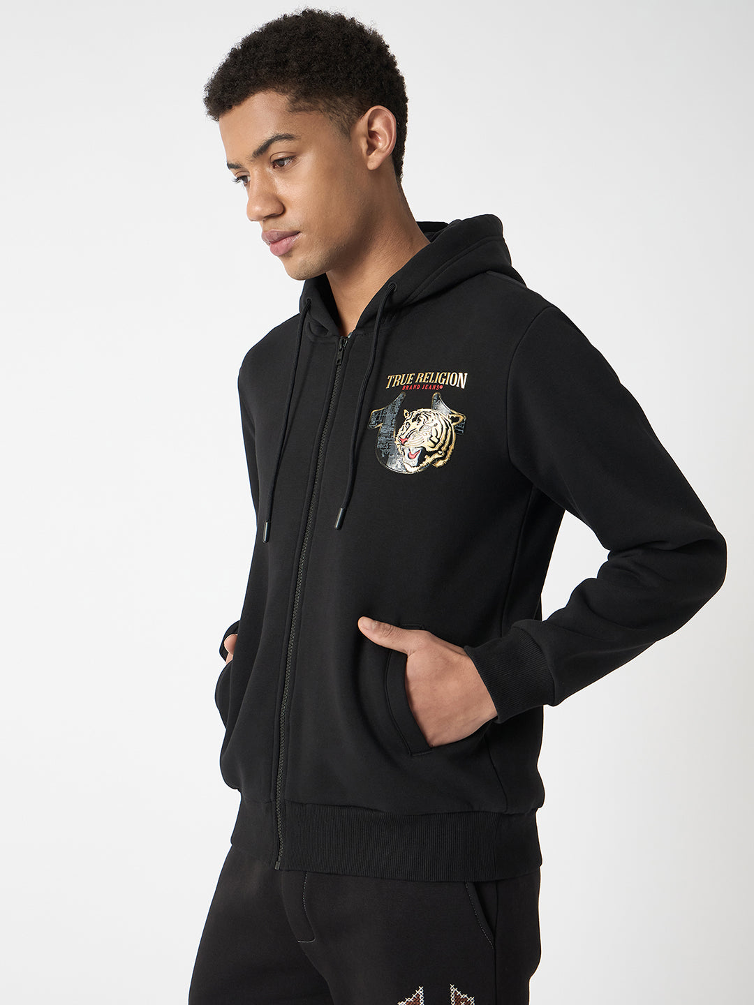 True Religion Men Black Solid Hooded Full Sleeves Sweatshirt