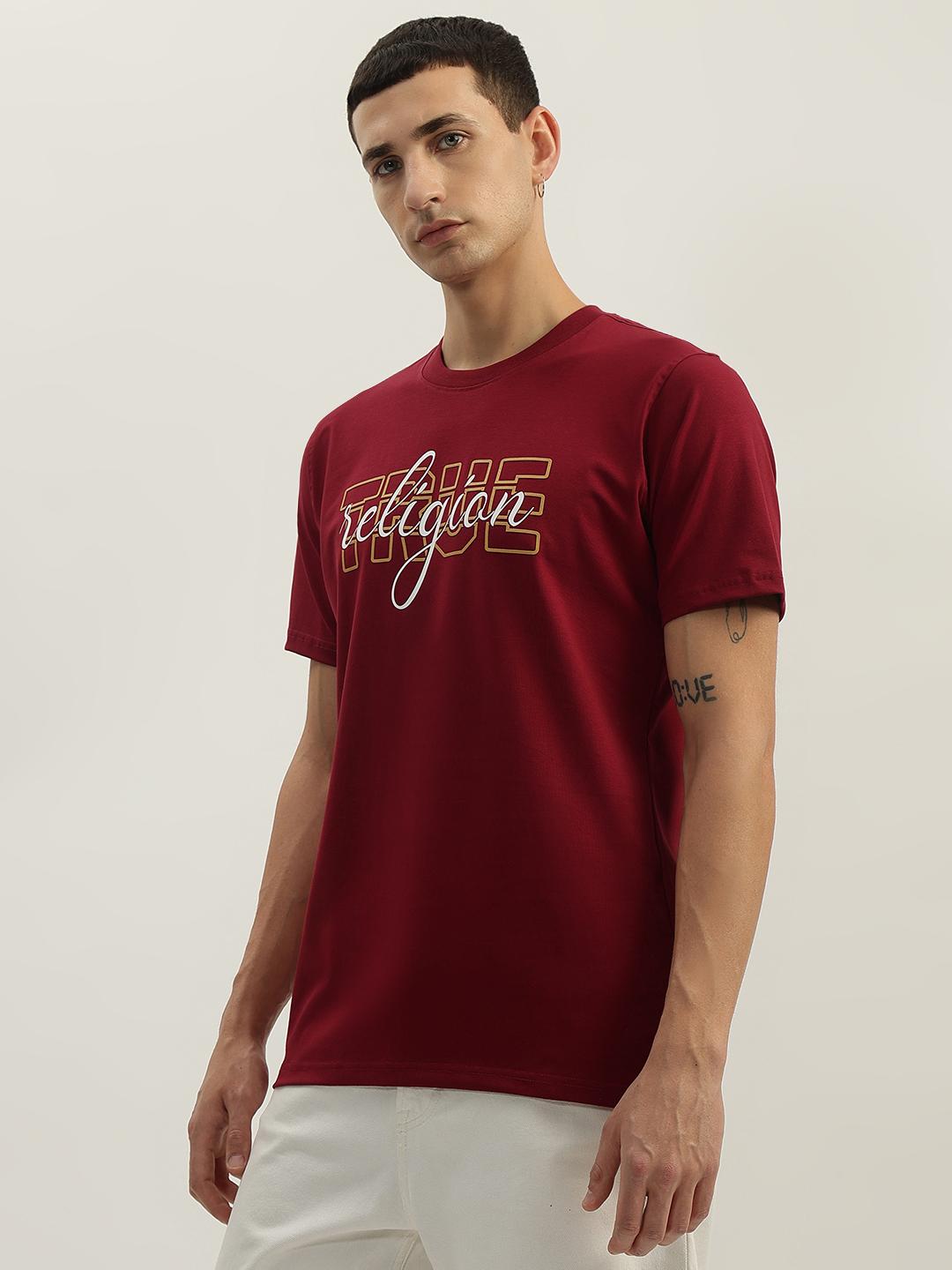 True Religion Men Red Printed Round Neck Short Sleeves Tshirt