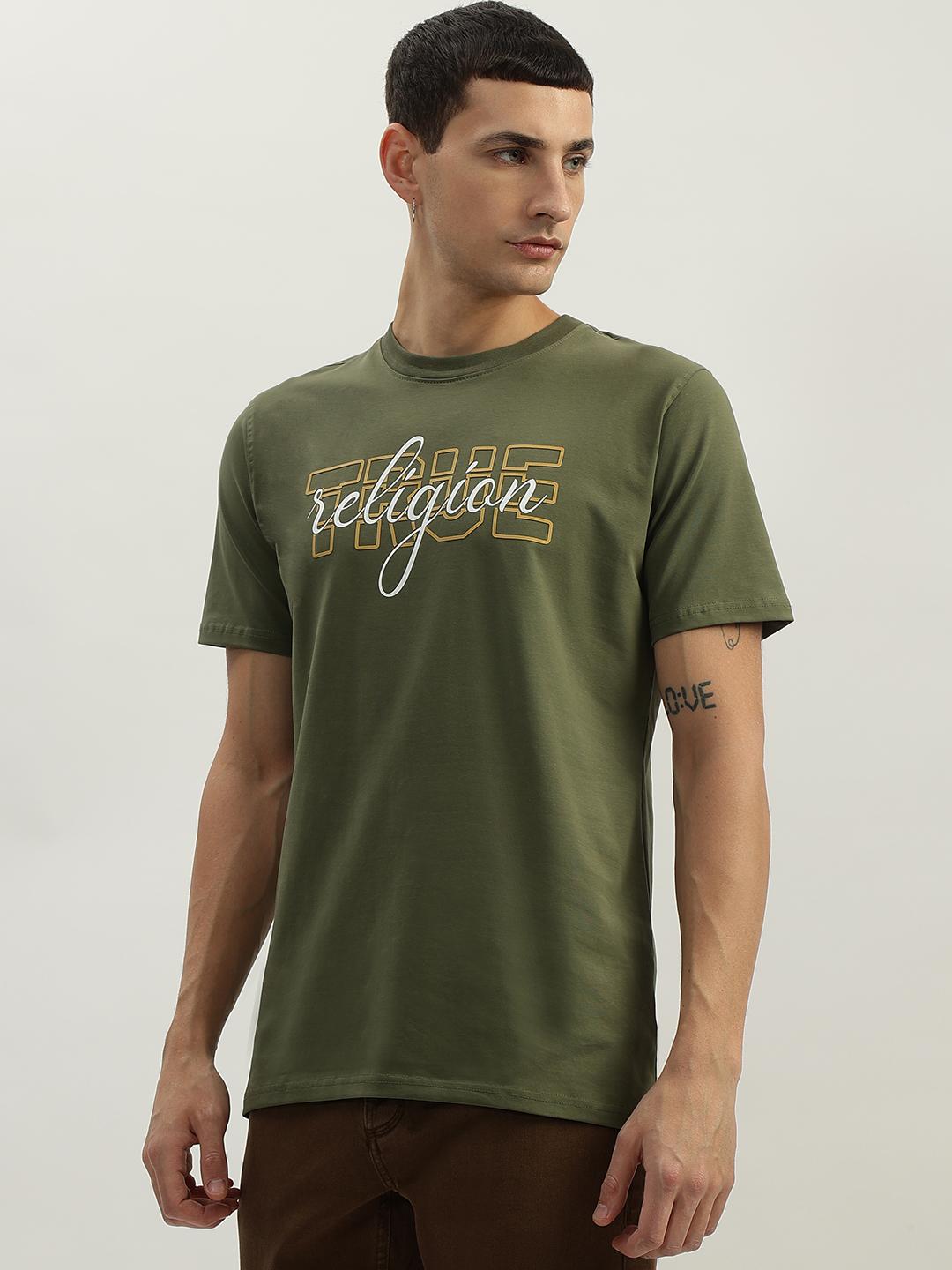 True Religion Men Green Printed Round Neck Short Sleeves Tshirt