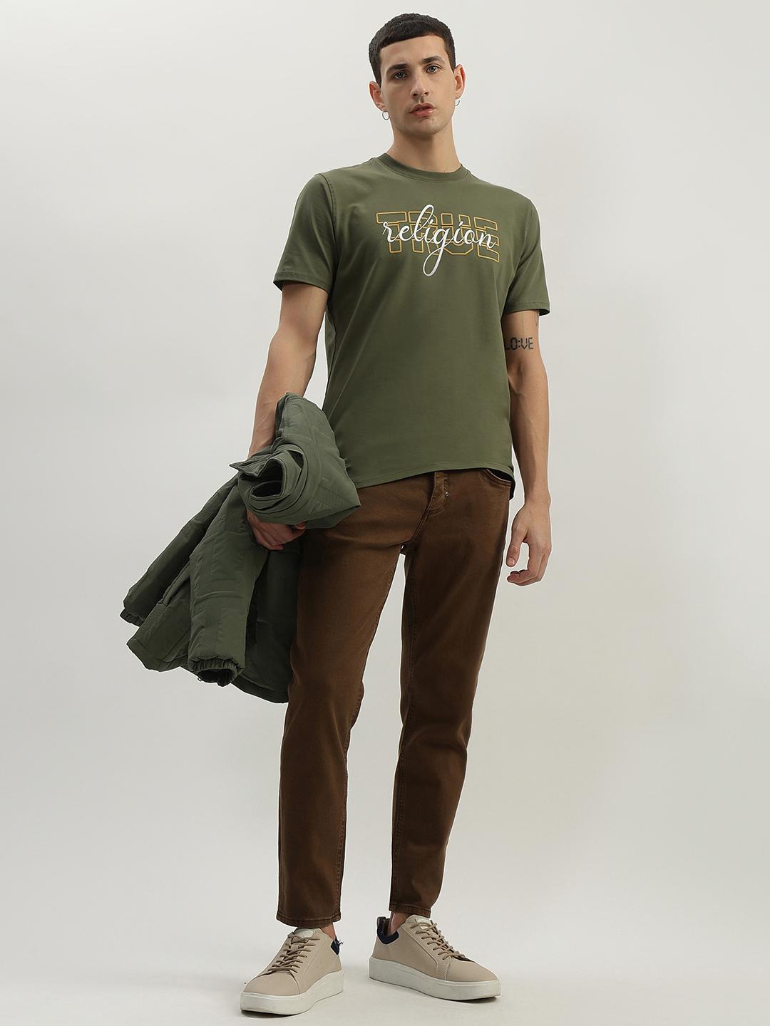 True Religion Men Green Printed Round Neck Short Sleeves Tshirt