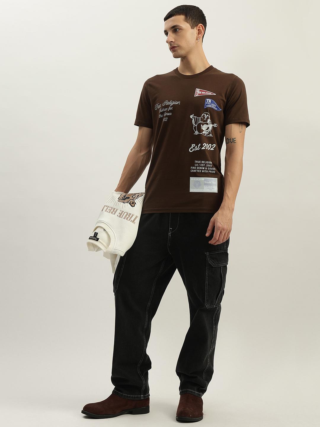 True Religion Men Brown Printed Round Neck Short Sleeves Tshirt