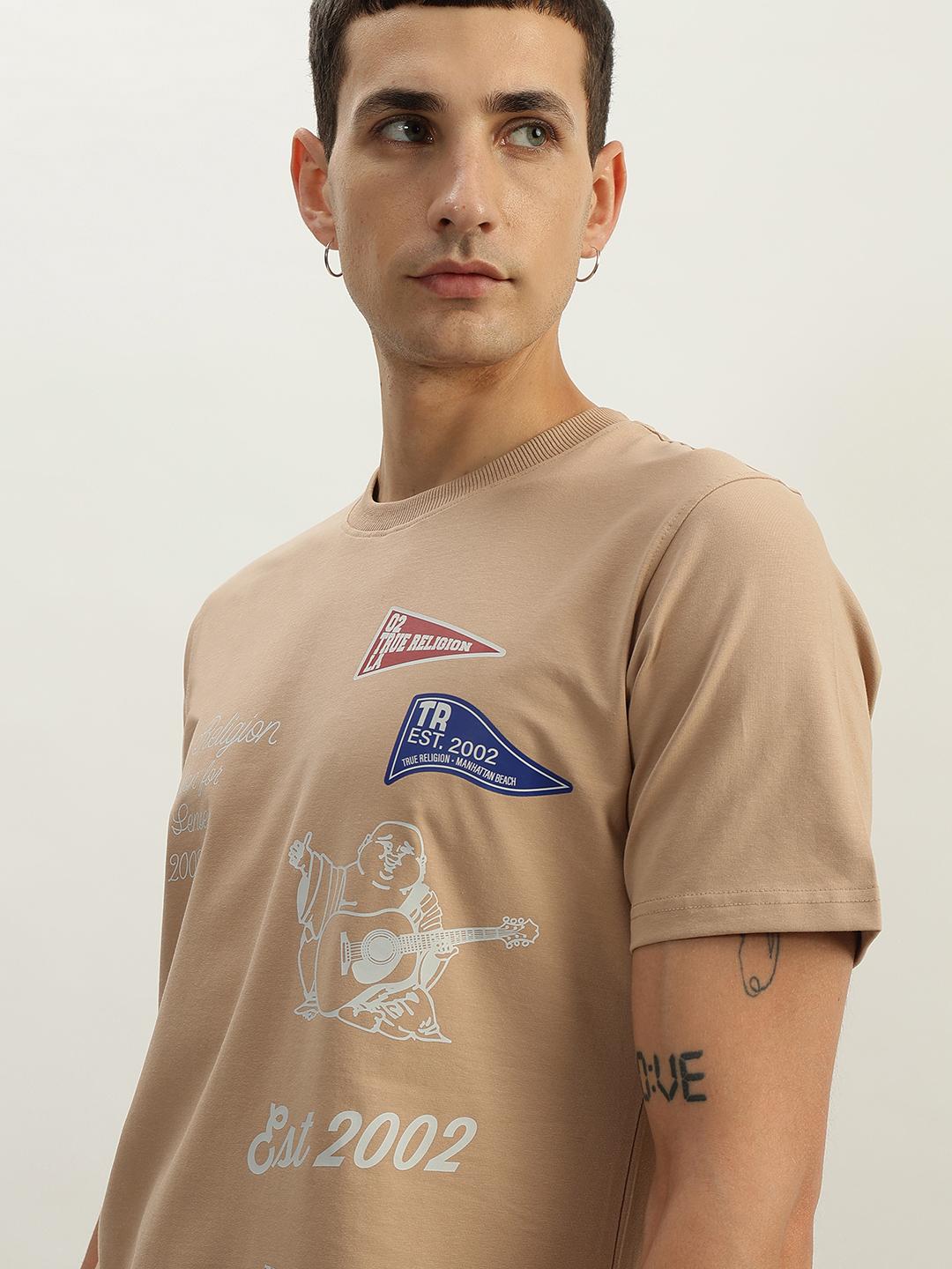 True Religion Men Beige Printed Round Neck Short Sleeves Tshirt