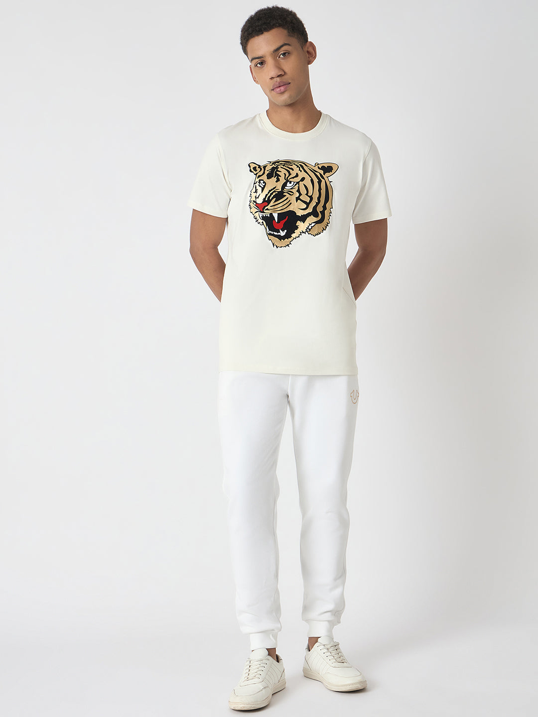 True Religion Men White Printed Round Neck Short Sleeves Tshirt