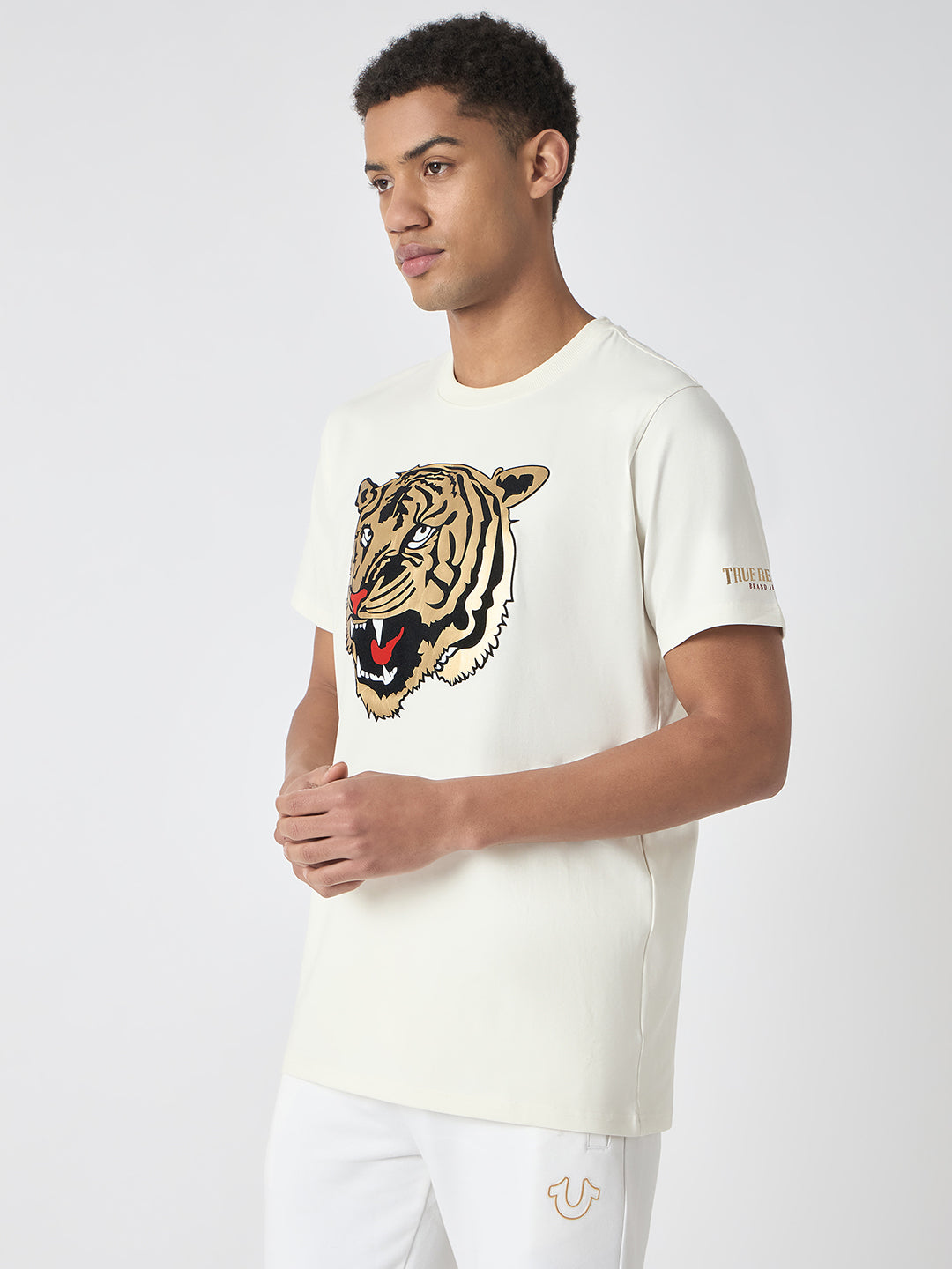 True Religion Men White Printed Round Neck Short Sleeves Tshirt