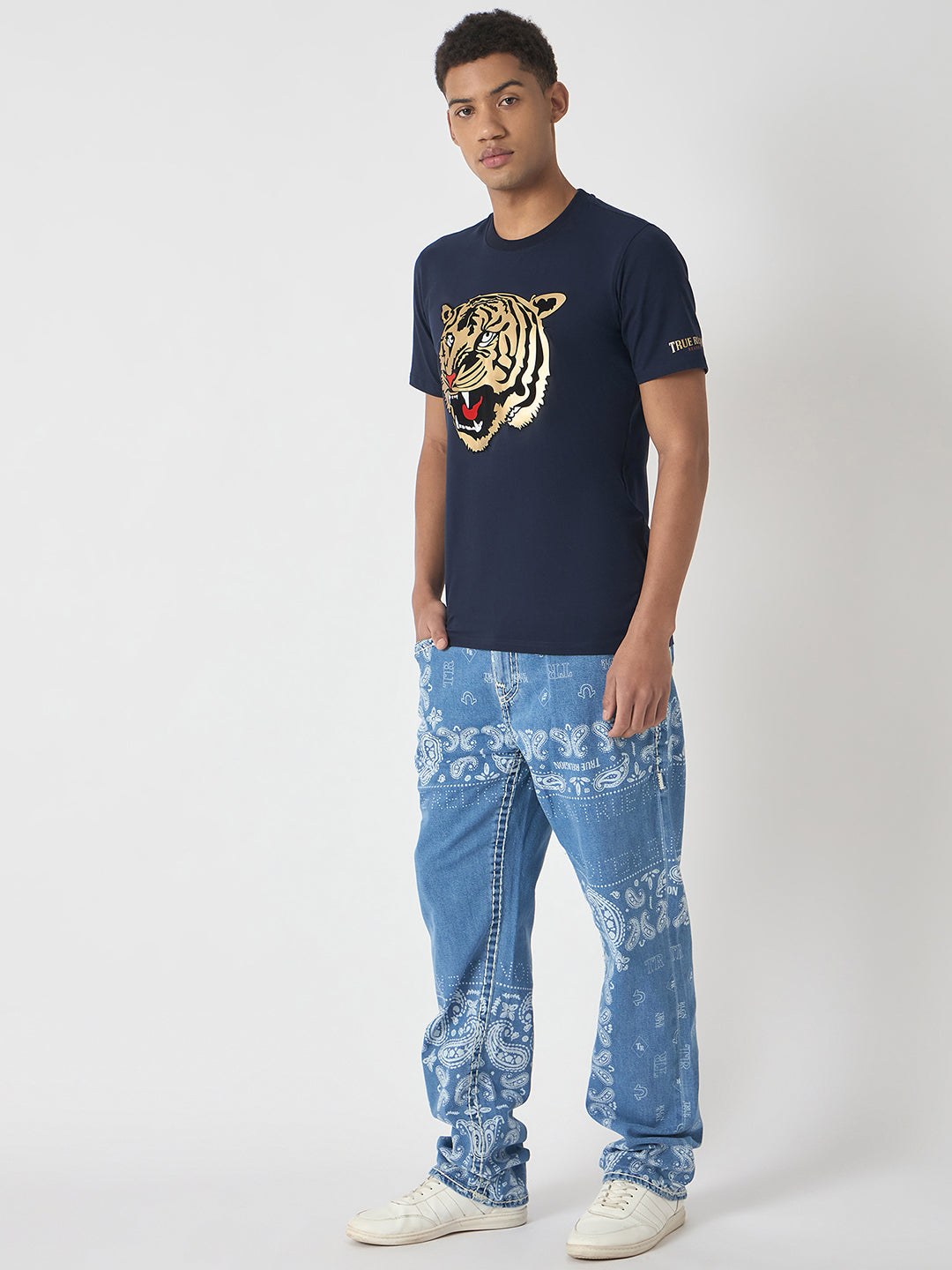 True Religion Men Navy Blue Printed Round Neck Short Sleeves Tshirt