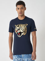 True Religion Men Navy Blue Printed Round Neck Short Sleeves Tshirt