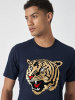 True Religion Men Navy Blue Printed Round Neck Short Sleeves Tshirt