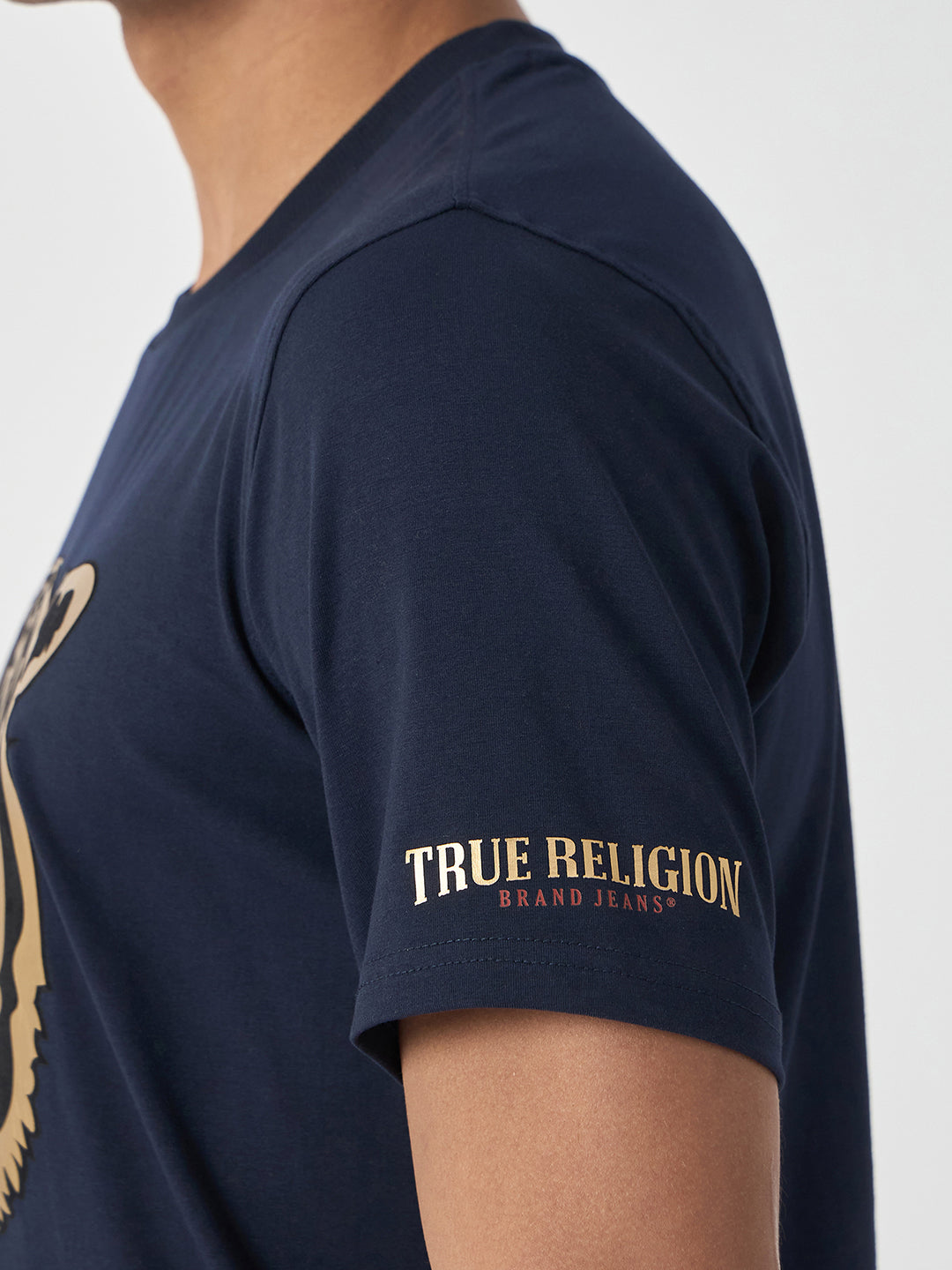 True Religion Men Navy Blue Printed Round Neck Short Sleeves Tshirt