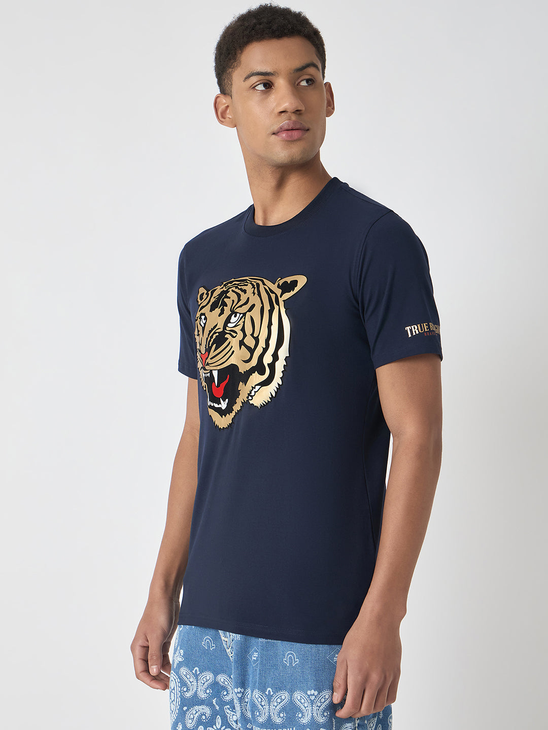 True Religion Men Navy Blue Printed Round Neck Short Sleeves Tshirt