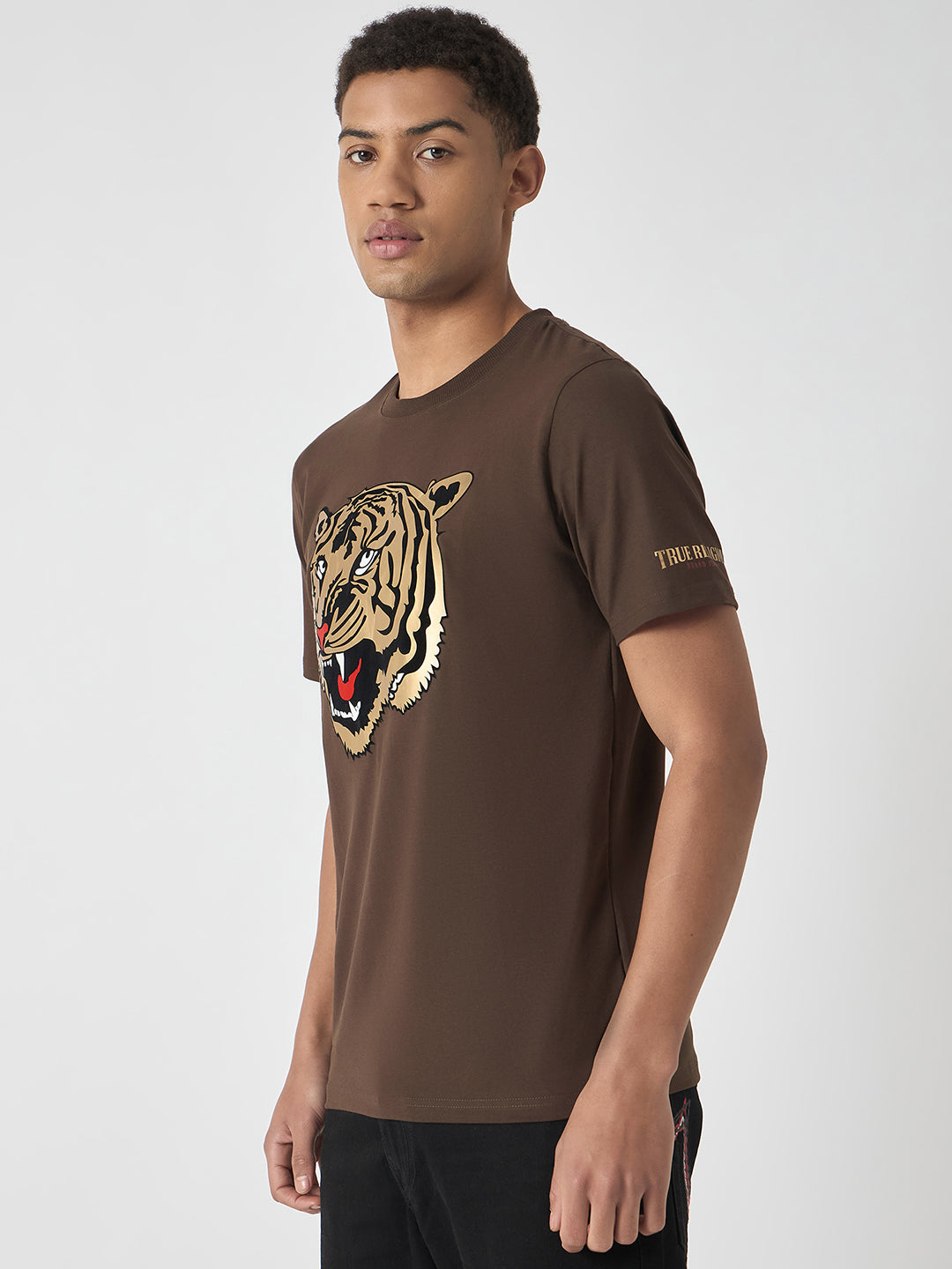 True Religion Men Brown Printed Round Neck Short Sleeves Tshirt
