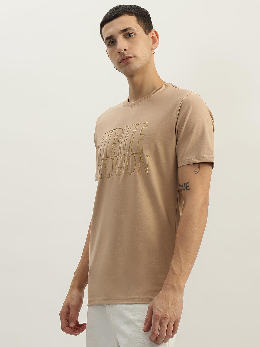 True Religion Men Beige Printed Round Neck Short Sleeves Tshirt