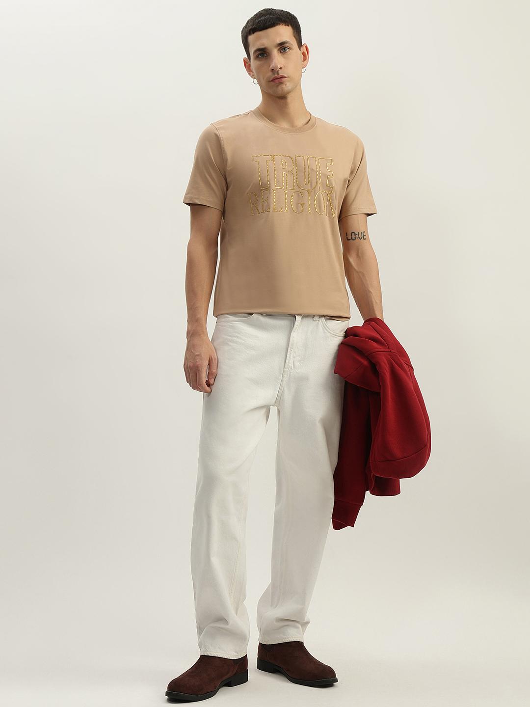 True Religion Men Beige Printed Round Neck Short Sleeves Tshirt